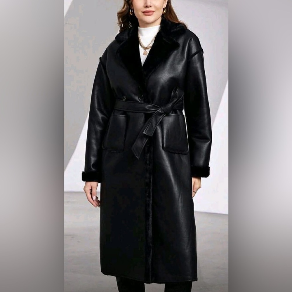 NWOT Women’s Fall Spring Faux Fur Coat Faux Leather with Belt